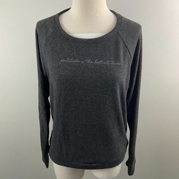 NWOT THE PROJECT SOCIAL T Grey Crew Neck "Gratitude Is The Best Attitude" Long S - Picture 2 of 8